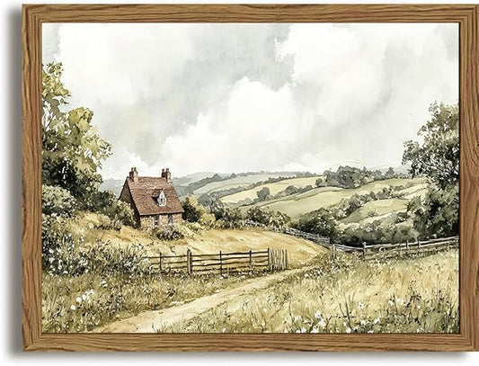 Framed Vintage Canvas Wall Art, Cottage Landscape Wall Decor Paintings, Rustic Farmhouse Pictures Prints Aesthetic Home Decor for Living Room Bedroom Bathroom 8x10 inch