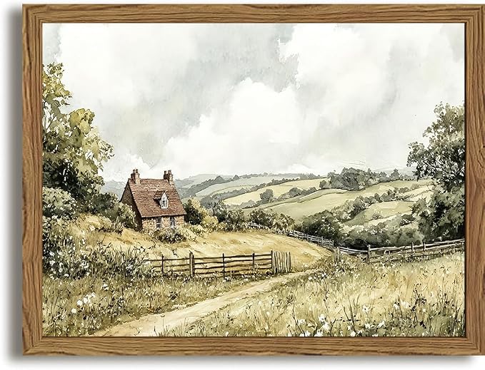 Framed Vintage Canvas Wall Art, Cottage Landscape Wall Decor Paintings, Rustic Farmhouse Pictures Prints Aesthetic Home Decor for Living Room Bedroom Bathroom 12x16 inch