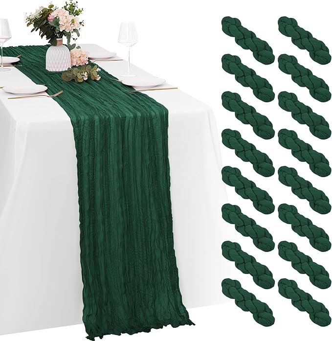 16 Pack Emerald Green Cheesecloth Table Runners 20x120 Inch Gauze Table Runner Cheese Cloth 10FT Green Table Runner Rustic Sheer Runner for Wedding Baby Shower Birthday Party Table Decor