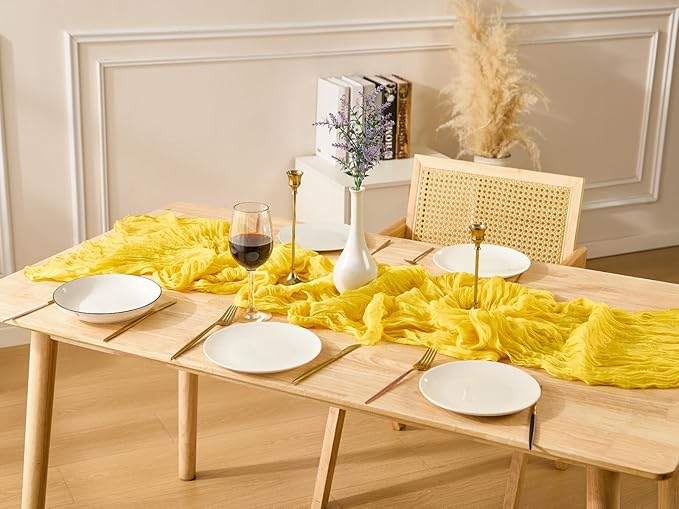 3 Pack Yellow Spring Table Runner Boho Cheesecloth Table Runners Bulk 10 ft Crinkled Gauze Sheer Mother's Day Table Centerpieces for Wedding Ceremony Anniversary Bridal Baby Shower Banquet