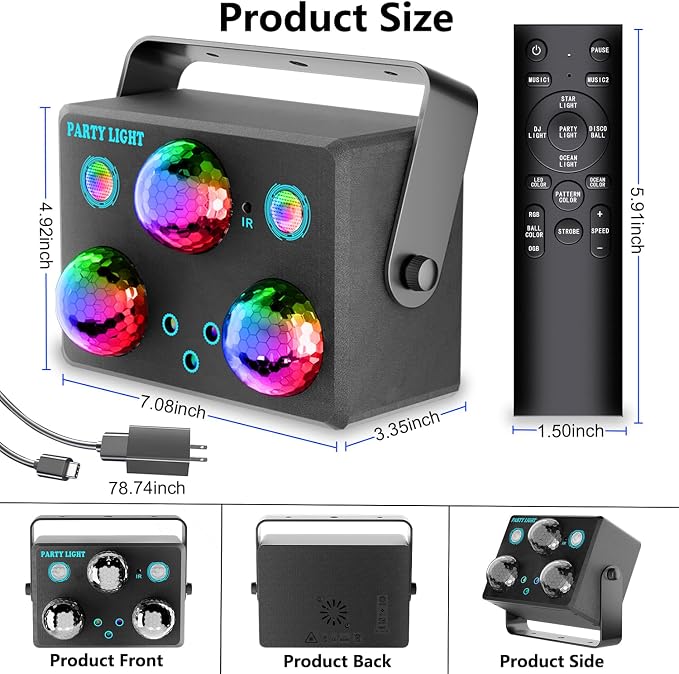 Disco Ball Party Lights,Pro 6 in 1 Disco Lights Sound Activated Dj Strobe with RGB&OGB Disco Balls,Laser Light Show,Ocean Lamp,Star Projector,2 RGB LEDs-Perfect for Disco Glow Party Rave Dance