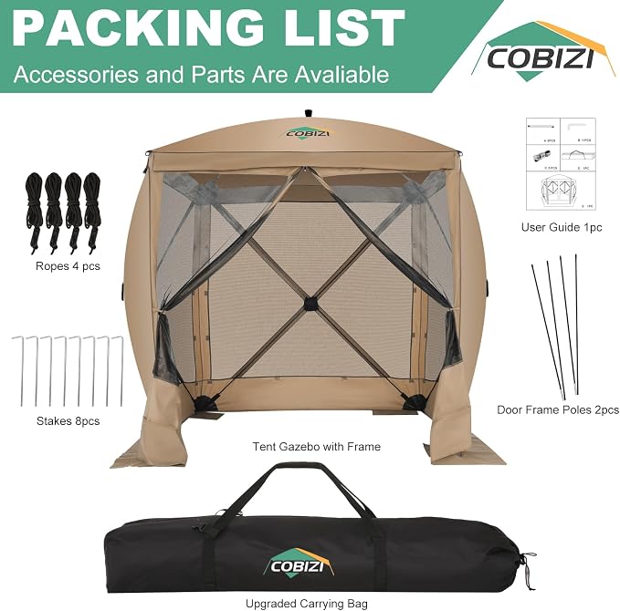 COBIZI 6x6 FT Pop up Gazebo, Popup Canopy Tent, Screened in Gazebos with sidewalls, Waterproof Portable Outdoor Small Screen Tents Sun Shelter,carpas para Patio for Camping, Garden and Backyard,Khaki