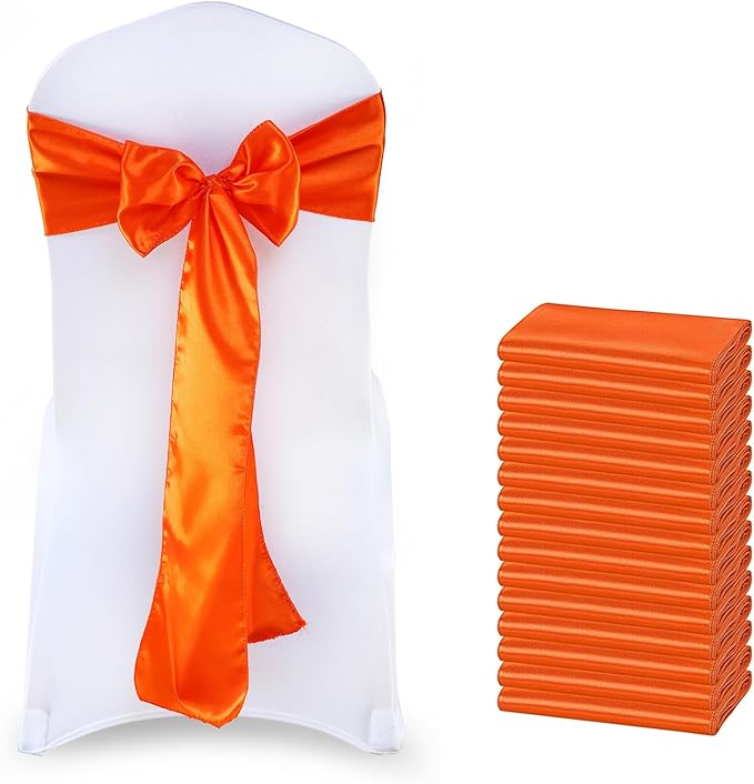 MDS Satin Chair Sashes, 10 Pack, 7”x108” Each, Decorative Chair Bows Ribbon Tie Backs for Wedding Party, Holiday Dinner, Birthday, Reception, Banquet, Hotel & Event Decoration - Orange