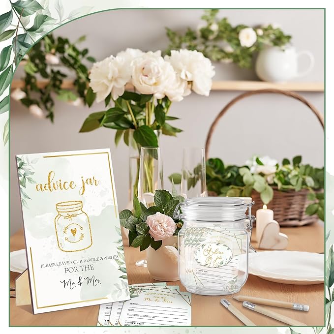 Jetec 74 Pcs Advice and Wishes for the Mr and Mrs 60 Pcs Wedding Advice Cards Advice and Wishes Jar Box Bridal Shower Advice and Wishes Cards for Bride and Groom Bridal Shower Decor(Greenery)