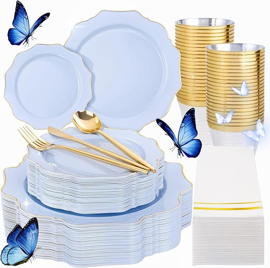 WDF 175Pcs Blue Plastic Plates - Heavy Duty Baby Blue Plates Disposable - 25Guests Plastic Dinnerware Ideal for Parties/Wedding/Baby Shower/Spring