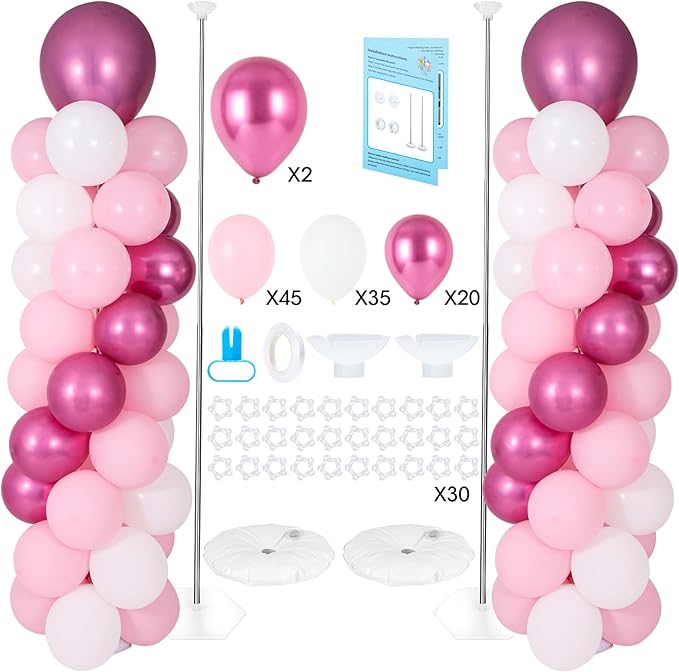 Balloon Column Stand with 101 Balloons, Balloon Column Kit Set of 2, Metal Balloon Tower Stand with Base for Floor, Height Adjustable from 1.57 to 7 Ft, For Party Decorations