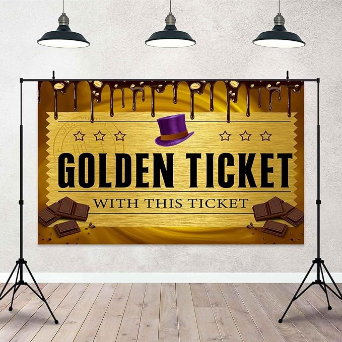 5x3FT Candy Photo Backdrops Golden Ticket Backdrop Chocolate Factory Background Children's Birthday Photography Background Baby Shower Decoration Banner TAYBDJ805