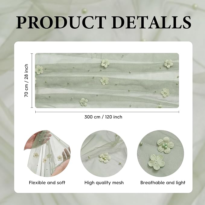Artoid Mode Sage Green Flower Pearl Green Gauze Table Runner 10FT, Seasonal Sheer Dining Holiday Wedding Birthday Baby Shower Table Decor for Home Party