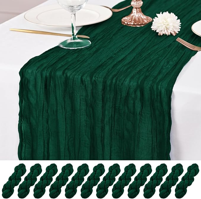 12 Pack Emerald Green Table Runner 10Ft Cheesecloth Table Runner Rustic Gauze Table Runners Romantic Long Sheer Fabric Cheese Cloth Table Runners for Wedding Party Bridal Baby Shower