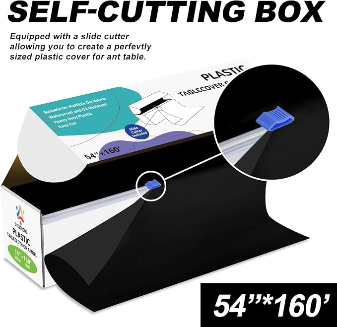 54IN X 160FT Plastic Table Cover Roll with Cutter Box, Cut to Size Plastic Table Cloths for Parties, Birthday, Disposable Tablecloth Roll for All Shape Tables (Black, 54 Inch X 160 Feet)