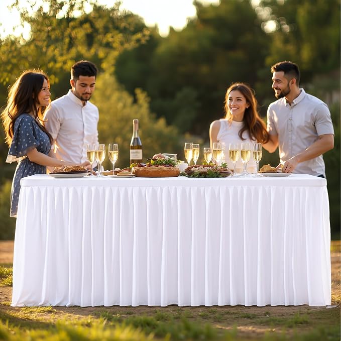 PARTISKY 2 Pack White Tablecloths for Rectangle Tables 8ft, Wrinkle Resistant White Table Cover Fitted Stretch Table Cloth with Pleated Ruffle Skirts for Party Banquet Dining Birthday Wedding