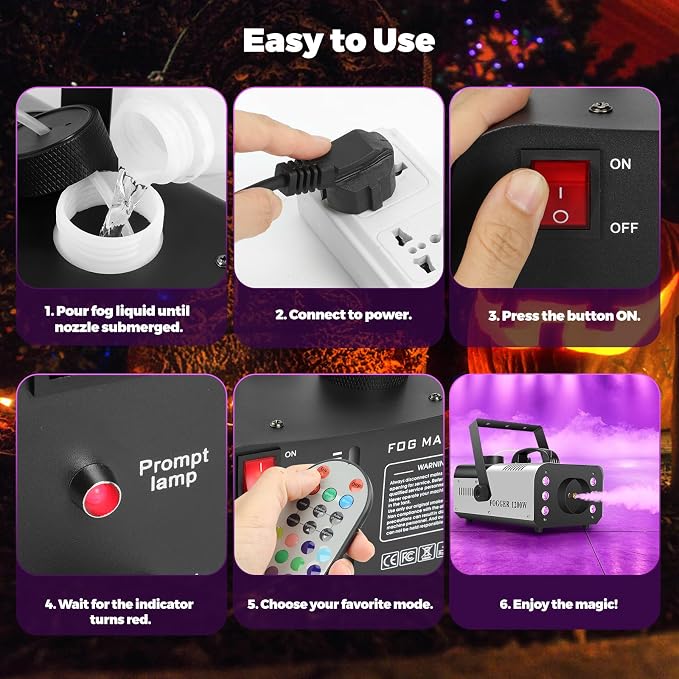 1200W Fog Machine, Halloween Smoke Machine with 14 Colors Lights & Wireless Remote Control, 6000CFM Haze Machine for Wedding, Party, Stage, Indoor, Outdoor.