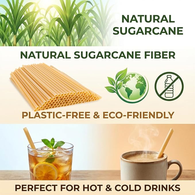 Sugarcane Straws - 100PCS Straws Disposable Biodegradable Compostable Long Sugar Cane Drinking Straws for Coffee, Juice, Milk, Smoothie, Cocktail, Party