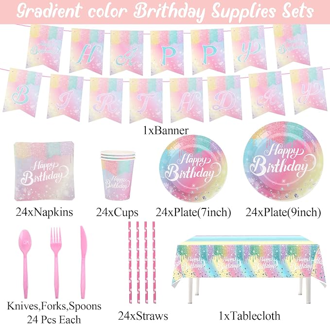 Rainbow Birthday Party Supplies 194 Pcs Disposable Party Decorations Includes Paper Plates, Napkin, Fork, Knives Spoons Cups, Tablecloth, Banner Straws for Mermaid Themed Events Serves 24