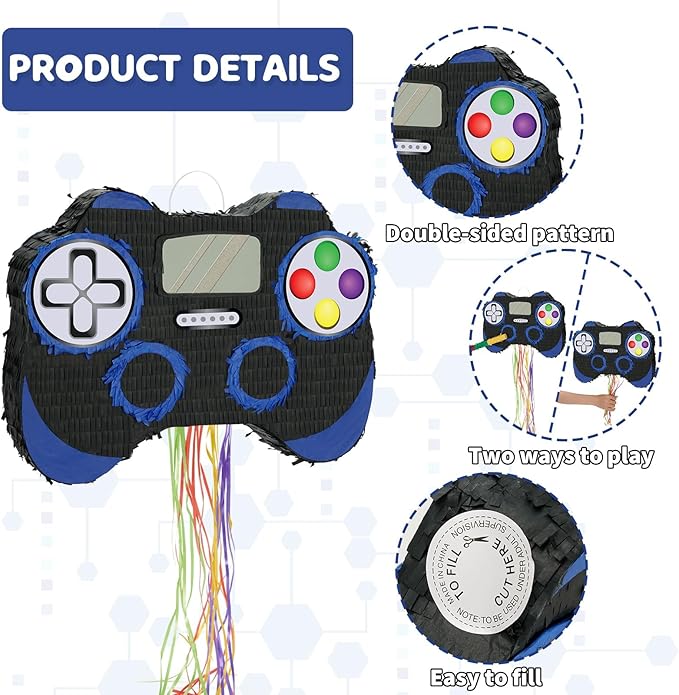 WERNNSAI Video Game Piñata - Game Controller Piñata Bundle with Blindfold and Bat for Boys Kids Piñata Gaming Theme Party Decoration Supplies Pull String Piñata for Birthday Party Celebration Blue