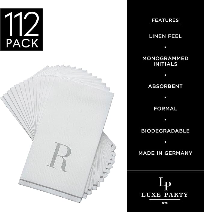 Luxe Party 112 Pack Monogram Napkins | Letter R Initial | Disposable | Premium Airlaid | Linen Feel | Decorative Table Setting | Guest Towel Napkin | White and Silver