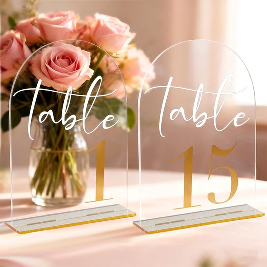 Arch Acrylic Wedding Table Numbers with Gold Font & Stands - 5''x7'' Clear Acrylic Table Number Signs for Wedding Reception, Anniversary, Event & Party Decor (Set 1-15)