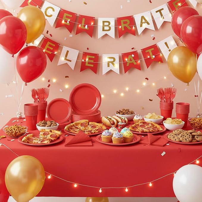 Red Plastic Plates Tableware Set - 50 Guest - 7&9inch Plates,Napkins,Forks,Cups & Tablecloths,Disposable Party Supplies for Birthday,BBQ,Christmas