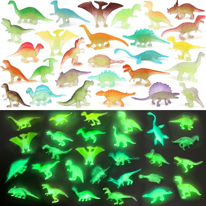 SAYAYA 100 Pieces Glow in The Dark Dinosaur Figures Bulk Small Luminous Plastic Dinosaur Cupcake Toppers Birthday Party Favors Supplies Goody Bag Filler Classroom Prizes