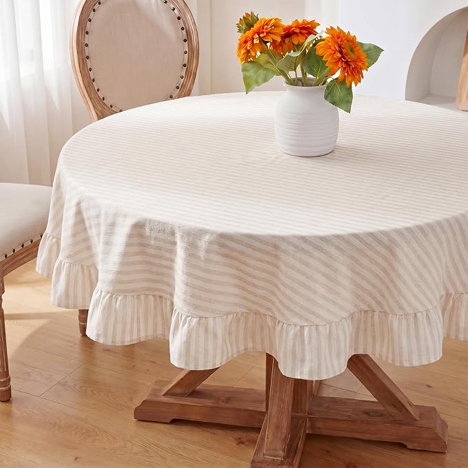Boao Cotton 60 Inch Farmhouse Ruffle Tablecloth Beige White Striped Flounces Trim Table Cover for Round Table Kitchen Party Wedding Decor