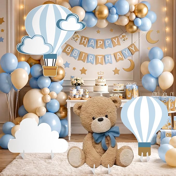 4 Pcs Large 23.62" Teddy Bear Baby Shower Decorations Teddy Bear White Cloud Hot Air Balloon Cardboard Cutouts, Cloud Party Yard Signs for We Can Bearly Wait Birthday Party Supplies