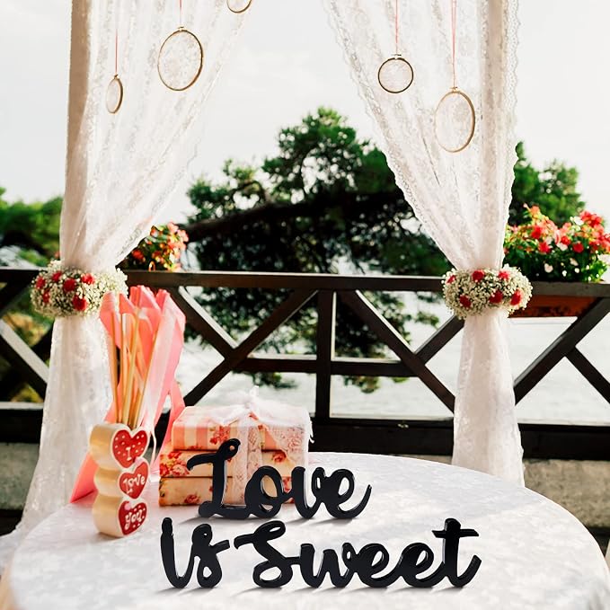 Love Is Sweet Table Decor Hollow Sign Wooden Love Is Sweet Sign for Dessert Table Freestanding Wood Is Wooden Letter Top for Wedding Shelf(Black)