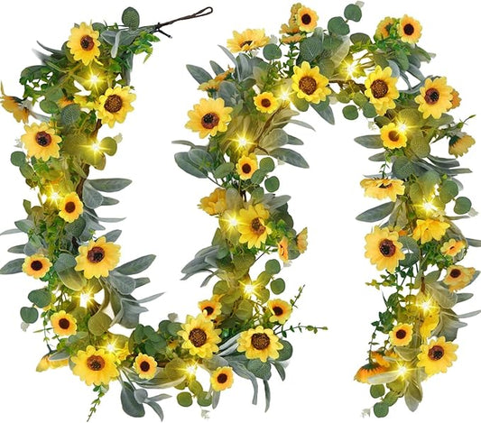 7.5FT Artificial Sunflower Garland with 30 Lights Silk Sunflower Vine Fake Flowers Summer Garland Prelit Lights for Mantle Baby Shower Wedding Arch Front Door Porch Staircase Decor (1 Pcs)