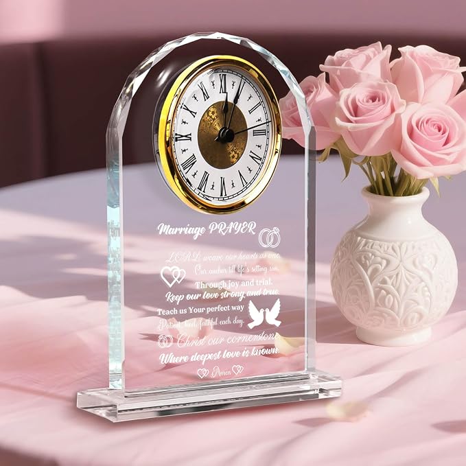 Wedding Gifts for Couples 2026 - Elegant Crystal Clock with Inspiring Quote, Marriage Prayer Keepsake for Anniversary - Unique Gifts for Bride and Groom, Newlywed Mr and Mrs