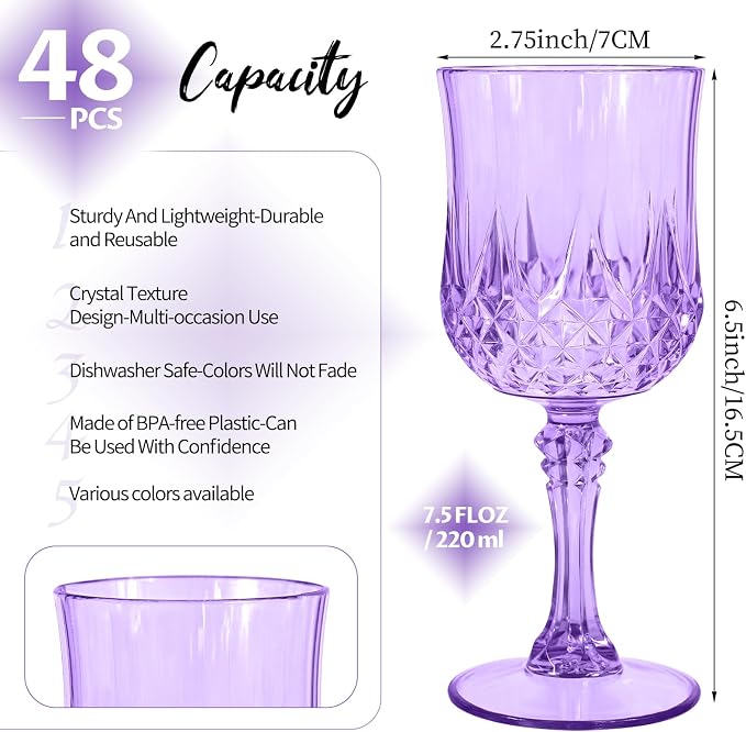 48Pack Light Purple Plastic Wine Glasses,Vintage Plastic Goblets for Parties, Light Purple Drinking Glasses Crystal Water Goblets Reusable for Wedding Reception, Grand Event Party Supplies