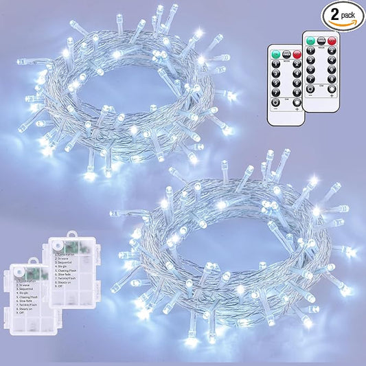 YEGUO Battery Operated String Lights, 2 Pack Each 33ft 100 LED Twinkle Fairy Lights Outdoor Waterproof, 8 Modes Clear Wire White Christmas Lights Indoor with Remote
