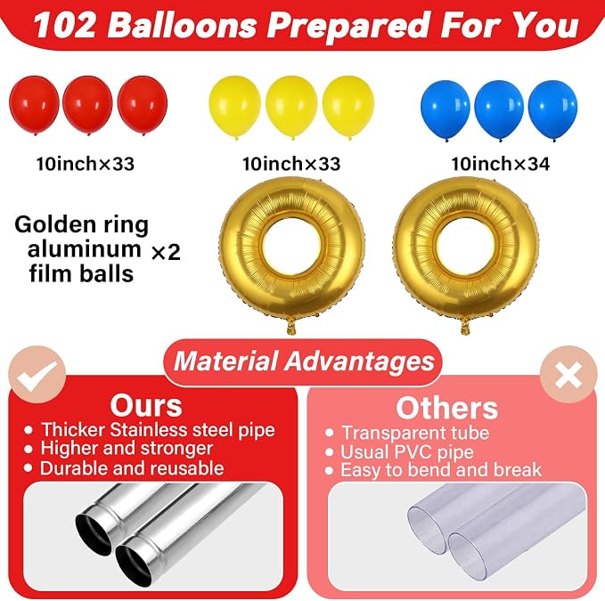2 Sets Red Blue Yellow Balloon Column Stand Kit with 102 Balloons Ring 5.57ft Adjustable Balloon Tower Stand with Red Blue Gold Balloons Arch Column for Birthday Baby Shower Party Supplies