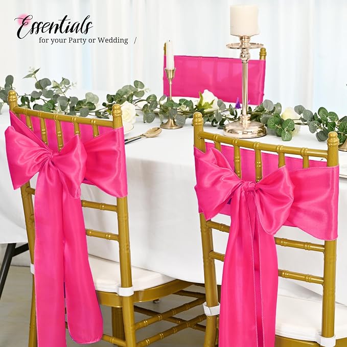 Pesonlook 60 PCS Hot Pink Satin Chair Sashes Bows Satin Chair Sashes Universal Chair Cover for Wedding Reception Restaurant Event Decoration Banquet,Party,Hotel Event Decorations (7 x 108 inch)