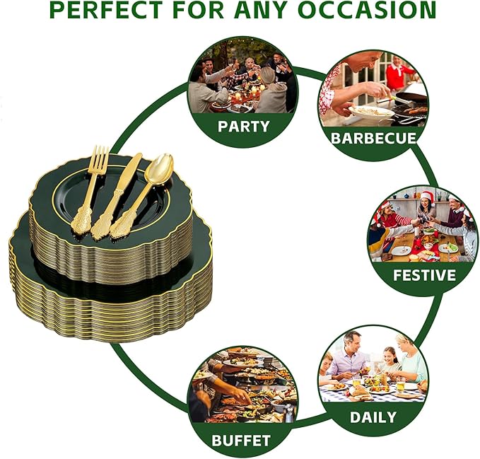 Liacere 175PCS Green Plastic Plates - Emerald Green Disposable With Gold Rim - 25Guest Baroque Plastic Dinnerware include 50Plates-25Pcs Pre Rolled Napkins with Silverware 25Cups for Party & Wedding