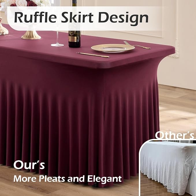 2 pk Burgundy Spandex Tablecloth 6ft with Ruffled Tables,Wrinkle Free High-Stretch Fitted Table Cloths for 6 Foot Rectangle Tables,Elastic Maroon Spandex Table Covers 6 ft for Weddings Banquet Dinning
