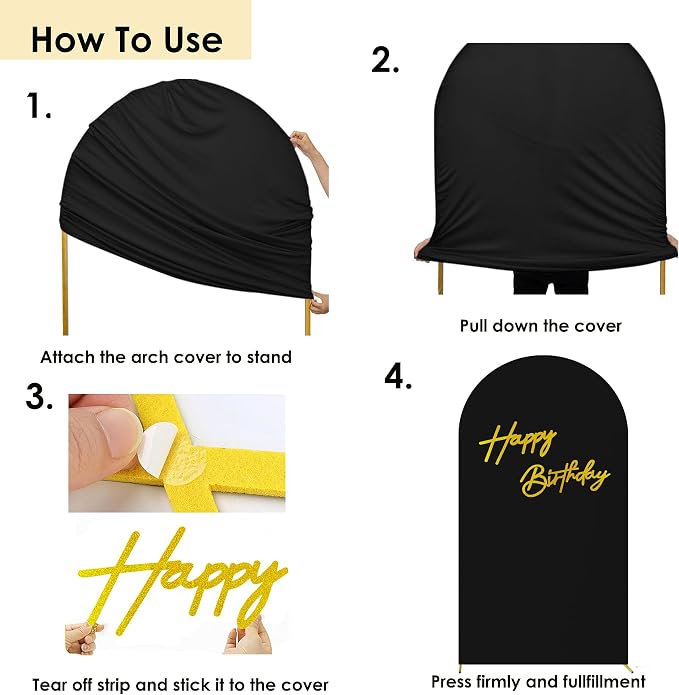 HAINARverS 7.2FT Black Arch Backdrop Cover Spandex with Glitter Gold Happy Birthday Sign for Wedding Birthday Party Ceremony Banquet Decoration(Black)