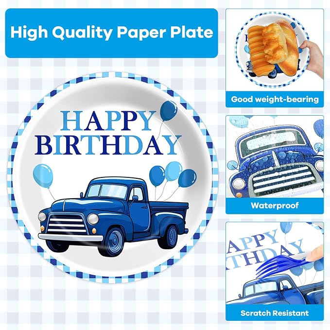 96 Pcs Blue Truck Party Decorations Blue Truck Happy Birthday Plates and Napkins Farm Car Theme Tableware Set Blue-White Themed Party Supplies for Kids Boys Birthday Baby Shower Serve 24