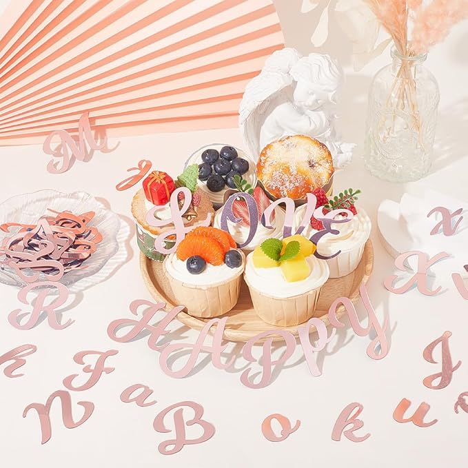 1 Box 128Pcs 63 Styles Letter Cake Topper Pink Acrylic Number Cupcake Toppers Plastic 0-9 Numbers A-Z Letters Mirrored Non Edible Rose Gold Decors for Cake Wedding Anniversary Birthday