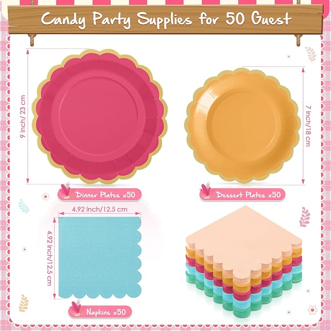 Zhehao 150 Pcs Colorful Plates and Napkins Tableware Serves 50 Includes 9 Inch 7 Inch Candy Color Scalloped Paper Plate and Napkins for Wedding Birthday Baby Shower Party
