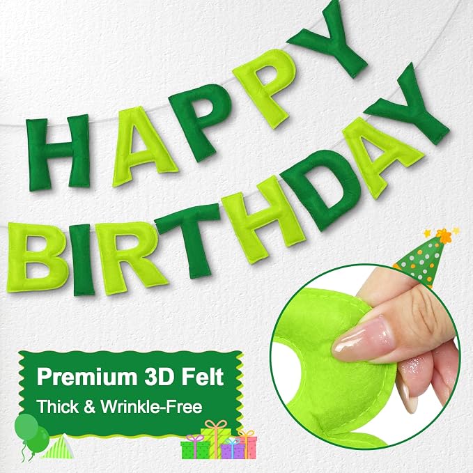 Pre-Strung Happy Birthday Banner & Felt Garland Set - Ombre Green Birthday Decorations for Women Men Boys Girls | Reusable Party Supplies for Indoor & Outdoor