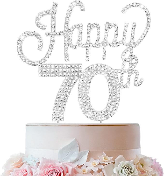 LINGTEER Happy 70th Birthday Silver Rhinestone Cake Topper - Cheers to 70th Birthday Seventy Years Old Anniversary Party Cake Centerpieces Topper Decorations Gift Sign.