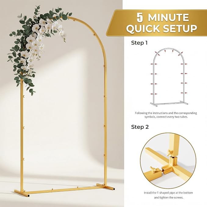 7.2FT Metal Arch Backdrop Stand and Cover Set, Gold Arch Stand with Cover, Easy to Assemble, Pretty Wedding Arch for Birthday Party, Wedding Ceremony and Baby Shower