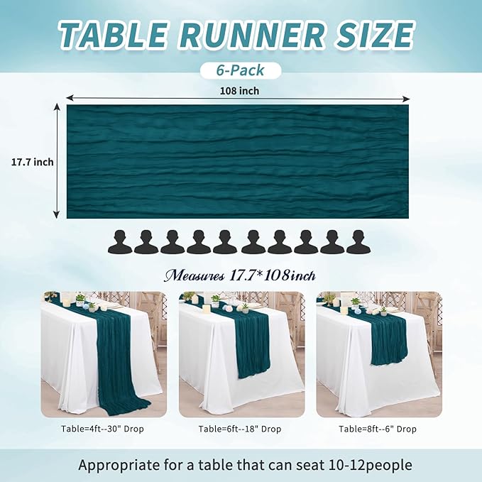 6 Pack Cheesecloth Table Runner,Teal Table Runner Long Romantic Semi Sheer Rustic Boho Gauze Table Runners for Wedding Bridal Shower Birthday Party Decorations(17.7×108 Inch)