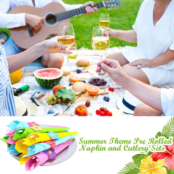 200 Pcs Pre Rolled Summer Floral Napkin Cutlery Set Disposable Colorful Plastic Cutlery Set with Knives Forks Spoons Napkins Napkin Rings for Summer Hawaiian Luau Floral Hibiscus Party Supplies