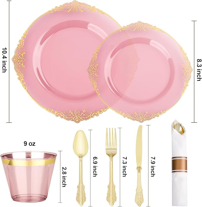 700 PCS Burgundy and Gold Plastic Plates, Disposable Dinnerware Set for 100 Guests, 200 Disposable Plates, 300 Silverwares, 100 Cups, 100 Napkins for Wedding, Party, Graduation