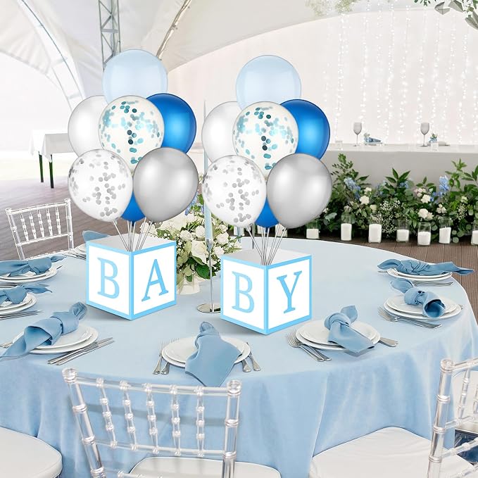 6 Sets Blue Boy Baby Shower Table Centerpiece with Paper Letter Boxes, Stand, Blue and White Balloon DIY Baby Shower Party Table Decor Kit for Boy 1st Birthday Gender Reveal Party Supplies