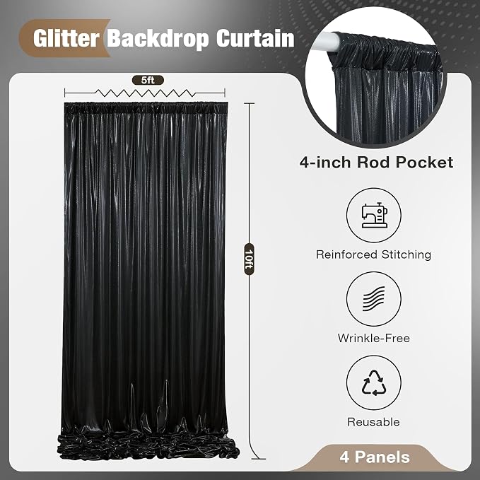20x10FT Black Sequin Backdrop Curtain for Party - 4 Panels 5x10FT Wrinkle-Free Shimmer Drapes for Birthday, Wedding, Christmas, Decorations & Photography