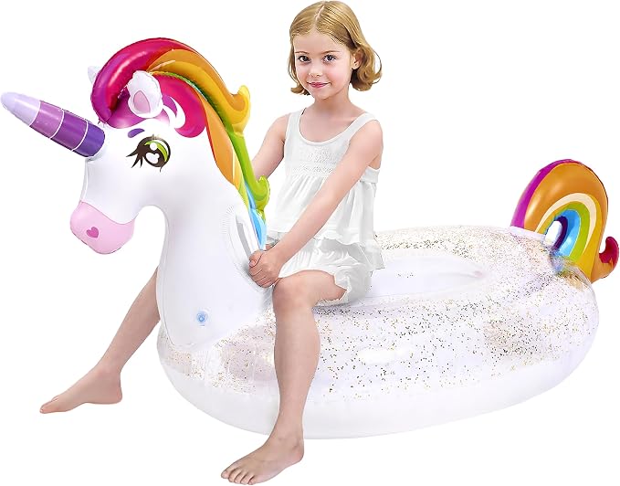 JOYIN Unicorn Pool Float Kids - Inflatable Rainbow Unicorn Floaty with Glitters Fun Floats, Ride On Beach Lake Floaties Raft Lounge, Party in Summer Decorations Pool Toys for Kids