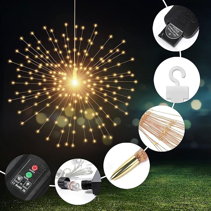 PXBNIUYA 1 Pack Starburst Sphere Lights with Remote Control,200 LED Firework Light, 8 Modes Dimmable Waterproof Hanging Fairy Light, Copper Wire Lights for Patio Parties Christmas (Solar Powered)