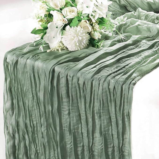 12 Pack Sage Green Cheesecloth Table Runners 35x120 Inch, Wide Boho Gauze Table Runner for Wedding Baby Shower Birthday Party Decor, Semi-Shear Rustic Tablecloth