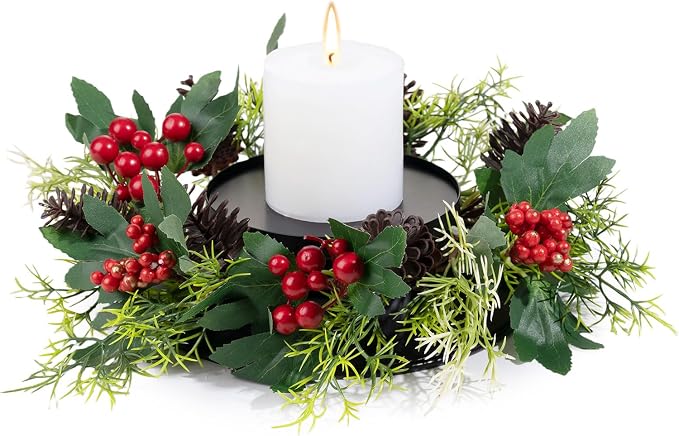 MOYEE Christmas Winter Centerpieces for Tables Candle Ring, Black Metal Candlestick with an Artificial Wreaths 14 in Versatile Dining Table Centerpiece Decor (Pinecone and Green Leaf Wreath)